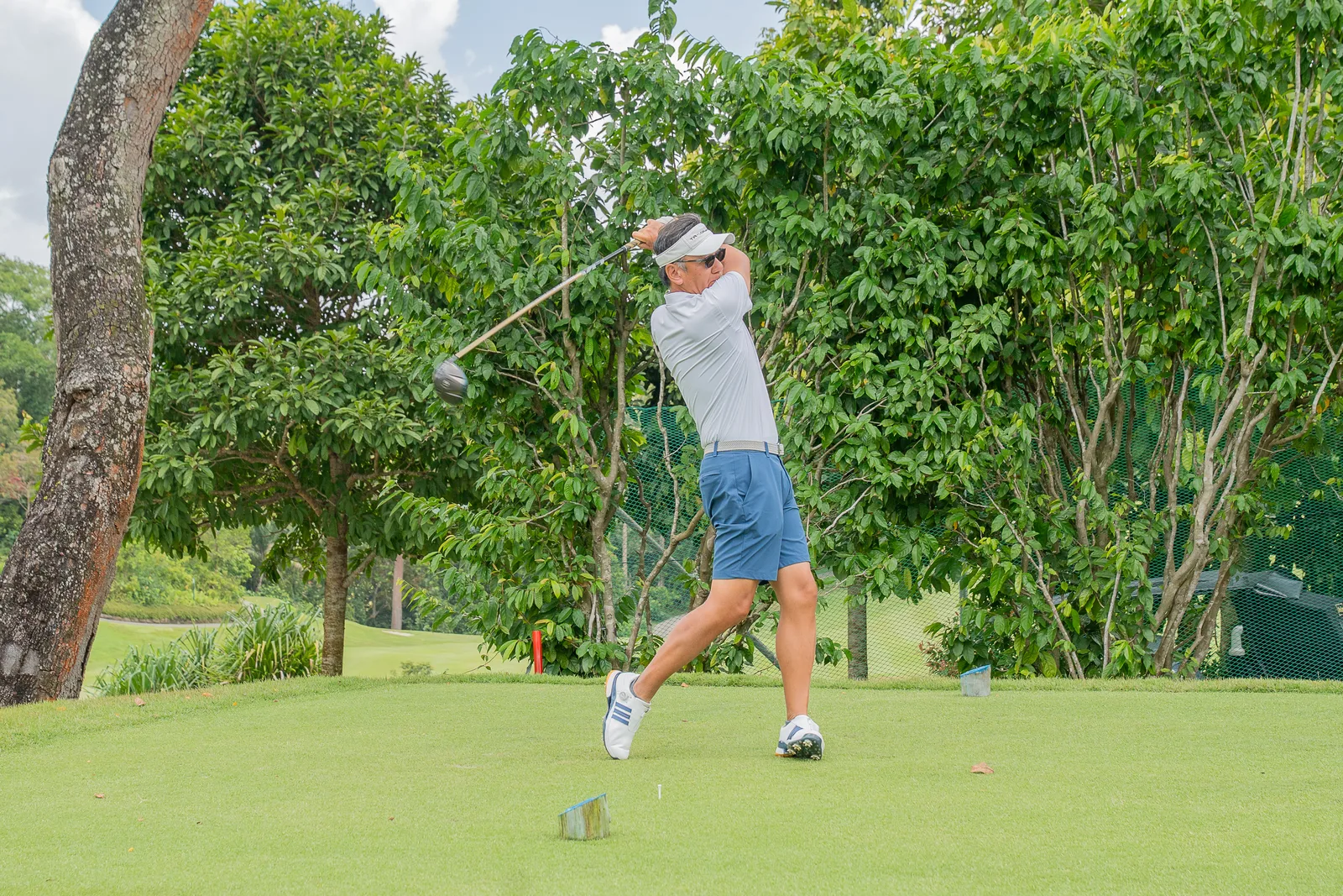 Golf swing caught at follow-through with clean green backdrop — corporate golf-day relevance, good timing