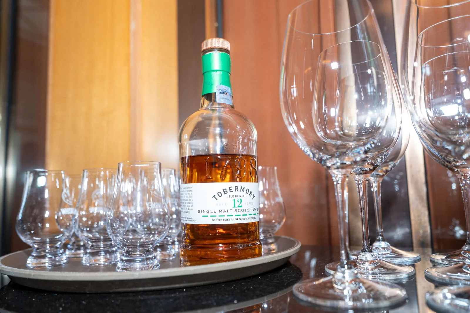 Glassware set up for a conference reception in a Singapore hotel ballroom — RS Photography