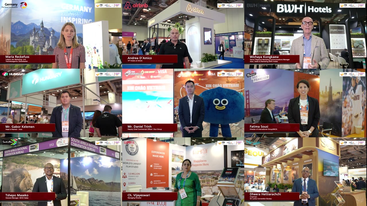 Nine of the ITB Asia 2026 exhibitor interviews: Germany, Airbnb, BWH Hotels, Hungary, Sun Group, San Francisco, South Africa, Ramoji Film City and Sri Lanka